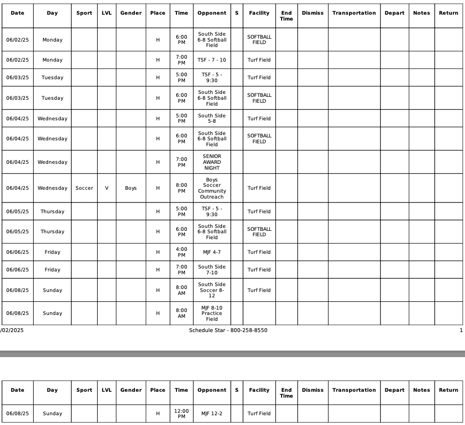 Weekly Sports Schedules